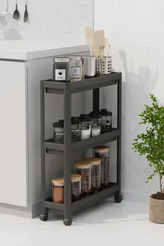 (BLACK) Wheeled Rectangular 3 Tier Shelf Unit - Bathroom Kitchen Organizer-Black - 3