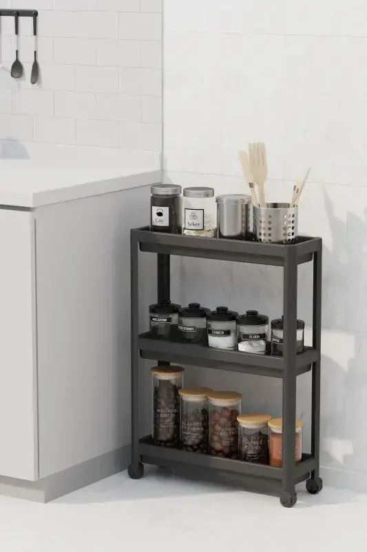 (BLACK) Wheeled Rectangular 3 Tier Shelf Unit - Bathroom Kitchen Organizer-Black - 4