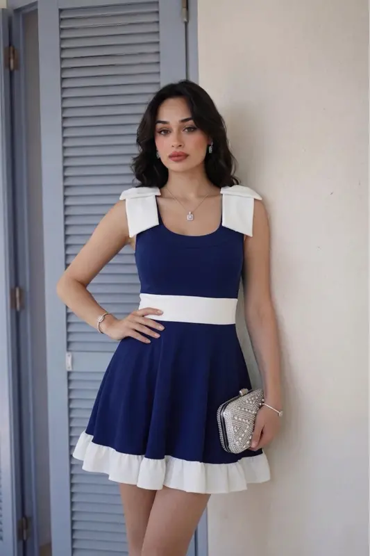 Black White Bow Detailed Ruffled Mini Graduation Evening Dress - Navy Blue - 1