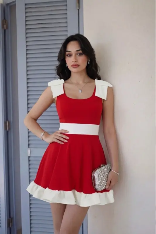 Black White Bow Detailed Ruffled Mini Graduation Evening Dress - Red-Kırmızııı - 1