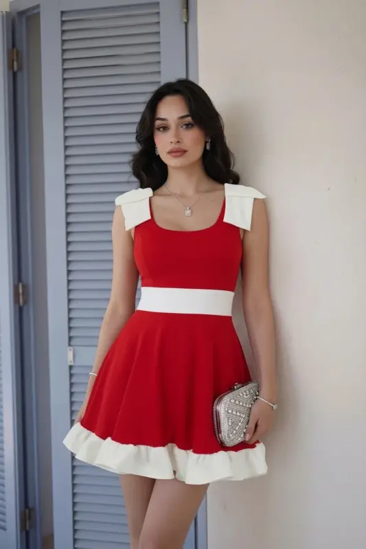Black White Bow Detailed Ruffled Mini Graduation Evening Dress - Red-Kırmızııı - 2