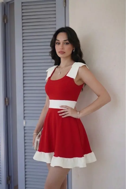 Black White Bow Detailed Ruffled Mini Graduation Evening Dress - Red-Kırmızııı - 3