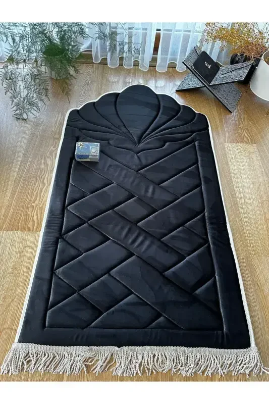 Black - White Edged Orthopedic Sponge Prayer Rug (Knee Pain Relief) Velvet Prayer Rug-Black2 - LÜKS HOME