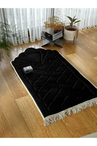 Black - White Edged Orthopedic Sponge Prayer Rug (Knee Pain Relief) Velvet Prayer Rug-Black2 - LÜKS HOME (1)