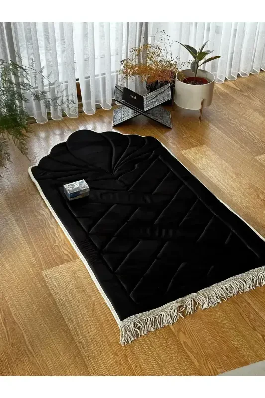 Black - White Edged Orthopedic Sponge Prayer Rug (Knee Pain Relief) Velvet Prayer Rug-Black2 - 2