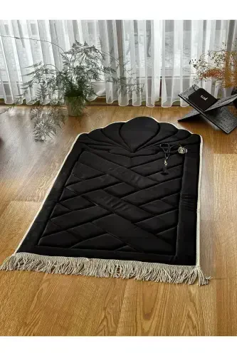 Black - White Edged Orthopedic Sponge Prayer Rug (Knee Pain Relief) Velvet Prayer Rug-Black2 - 3