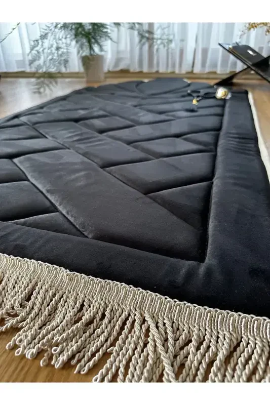 Black - White Edged Orthopedic Sponge Prayer Rug (Knee Pain Relief) Velvet Prayer Rug-Black2 - 4