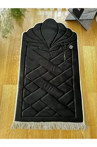 Black - White Edged Orthopedic Sponge Prayer Rug (Knee Pain Relief) Velvet Prayer Rug-Black2 - 5