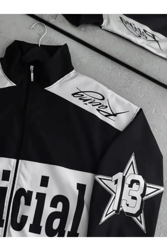 Black White Official Unisex Parachute Fabric Oversize Printed Black Windbreaker Raincoat Thin Jacket-Officialsiyahbeyaz - 6