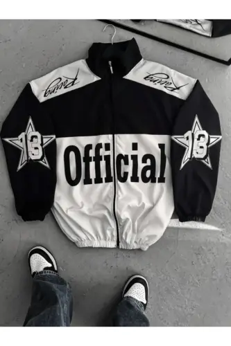 Black White Official Unisex Parachute Fabric Oversize Printed Black Windbreaker Raincoat Thin Jacket-Officialsiyahbeyaz 
