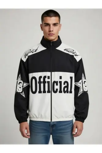 Black White Official Unisex Parachute Fabric Oversize Printed Black Windbreaker Raincoat Thin Jacket-Officialsiyahbeyaz - 4