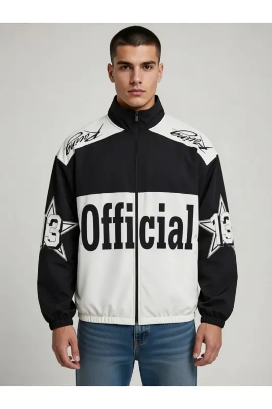 Black White Official Unisex Parachute Fabric Oversize Printed Black Windbreaker Raincoat Thin Jacket-Officialsiyahbeyaz - 4