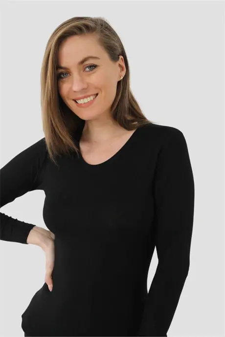 Black Women Bamboo T-shirt Long Sleeve Bodysuit - 2