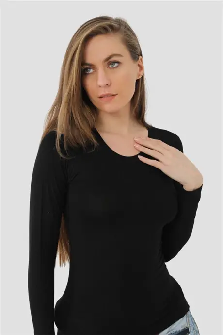 Black Women Bamboo T-shirt Long Sleeve Bodysuit - 4