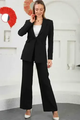Black Women's Palazzo Blazer Suit Single Button Jacket Palazzo Pant-Black - 1
