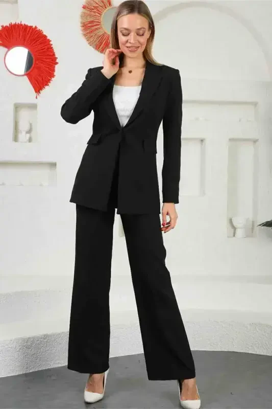 Black Women's Palazzo Blazer Suit Single Button Jacket Palazzo Pant-Black - Modazone