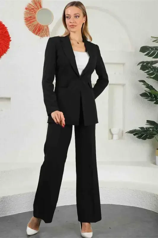 Black Women's Palazzo Blazer Suit Single Button Jacket Palazzo Pant-Black - 6