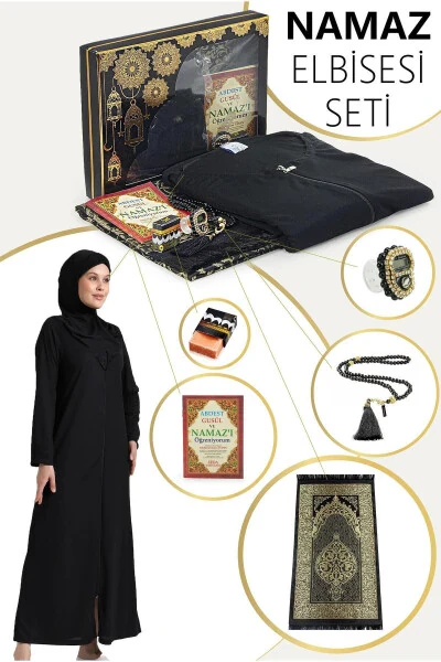 Black Women's Practical Hijab Prayer Zipper One Piece Dress Prayer Rug Set - IHVAN ONLINE