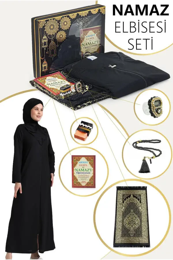 Black Women's Practical Hijab Prayer Zipper One Piece Dress Prayer Rug Set - 1