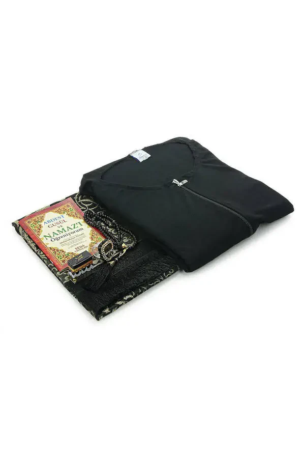 Black Women's Practical Hijab Prayer Zipper One Piece Dress Prayer Rug Set - 2