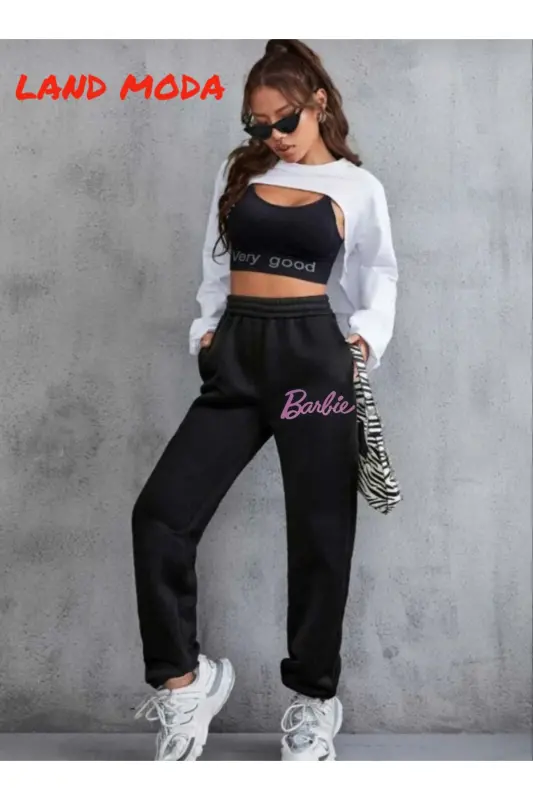 black Women's Printed Jogger Elastic Waist Sweatpants-black11 - 4