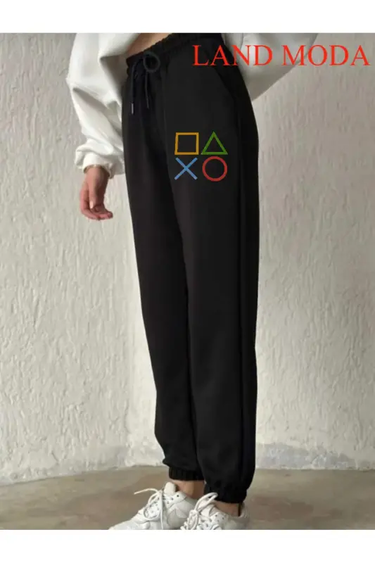 black Women's Printed Jogger Elastic Waist Sweatpants-black21 - 2