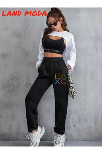 black Women's Printed Jogger Elastic Waist Sweatpants-black21 - 3