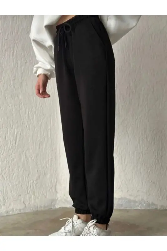 black Women's Printed Jogger Elastic Waist Sweatpants-black32 - 2