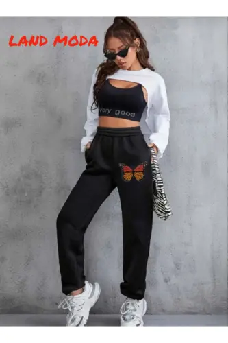 black Women's Printed Jogger Elastic Waist Sweatpants-black43 - LAND MODA (1)