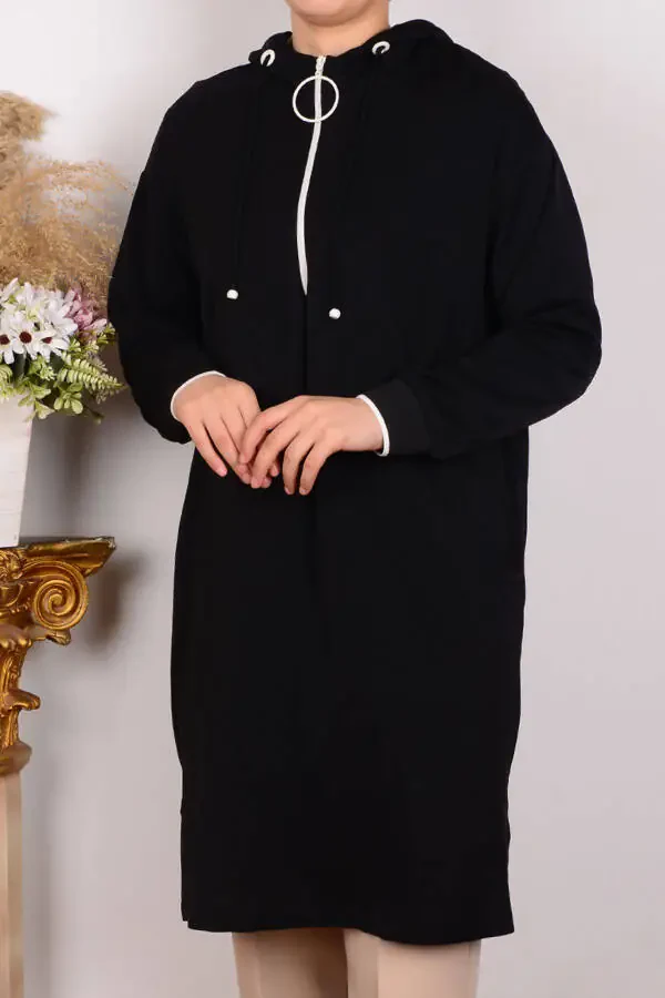 Black Women's Relaxed Fit Hooded Half Zip Sleeves Ribbed Crepe Fabric Tunic - 1
