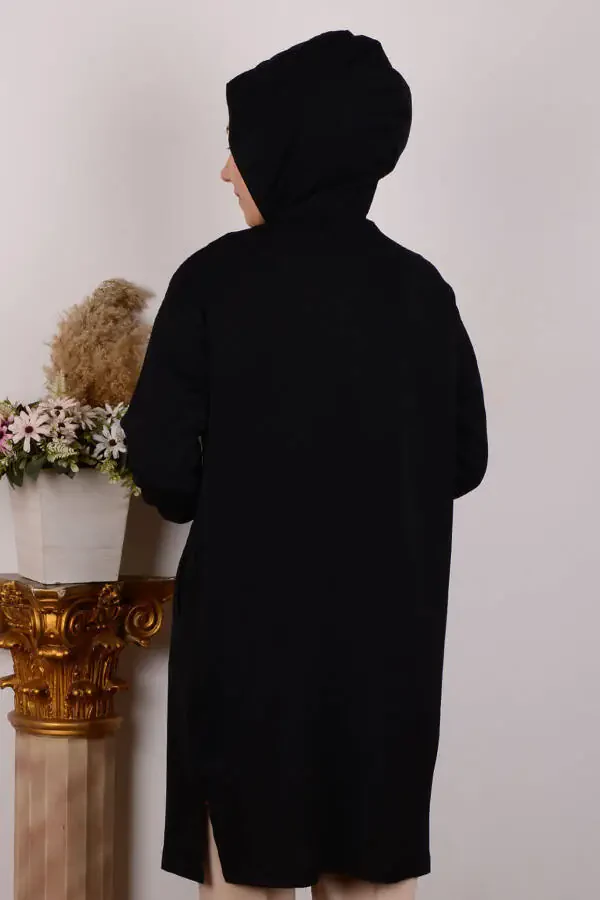 Black Women's Relaxed Fit Hooded Half Zip Sleeves Ribbed Crepe Fabric Tunic - 3