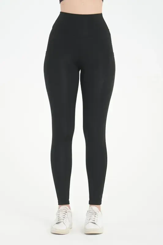 Black Women's Shaping Tummy Control High Waist Waist Trainer Double Pocket Sports Leggings - 5