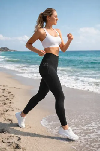 Black Women's Shaping Tummy Control High Waist Waist Trainer Double Pocket Sports Leggings - ZERTEX (1)