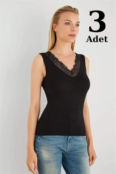 Black Women's V-Neck Lace Sleeveless T-Shirt 3 Pack - 1