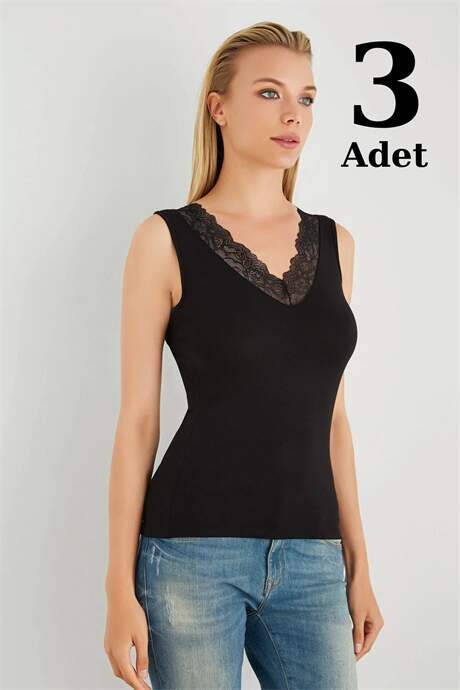 Black Women's V-Neck Lace Sleeveless T-Shirt 3 Pack - 1