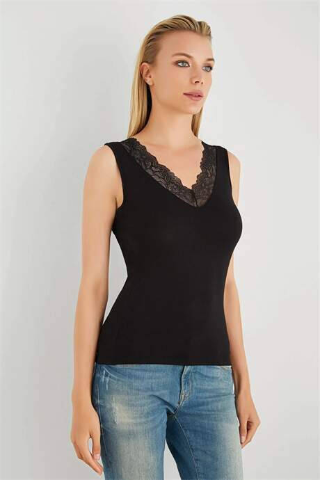 Black Women's V-Neck Lace Sleeveless T-Shirt 3 Pack - 3