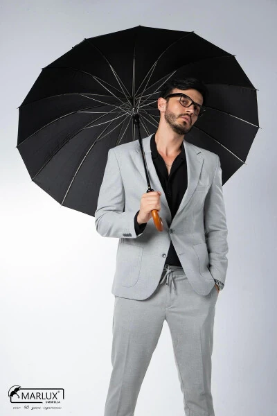 Black Wooden Handle 16 Steel Rib Ultra Premium Luxury Men's Walking Stick Umbrella M21marmpr1025r001 - Modazone