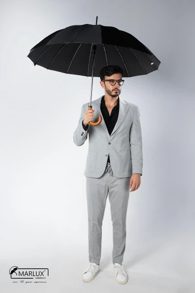 Black Wooden Handle 16 Steel Rib Ultra Premium Luxury Men's Walking Stick Umbrella M21marmpr1025r001 - Modazone (1)