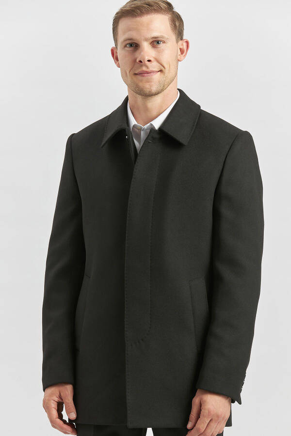 Black wool coat, baby collar, quilted lining, comfortable fit. - 14