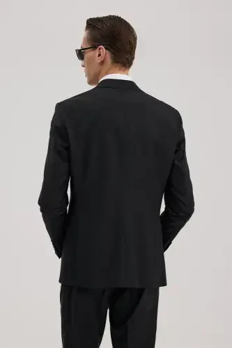 Black Wool Slim Fit Peak Lapel Suit - 4