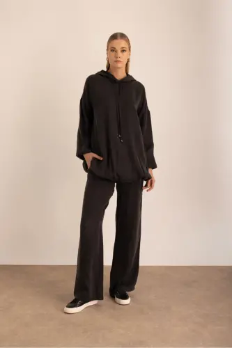 Black Woven Belt Elastic Trousers - 1