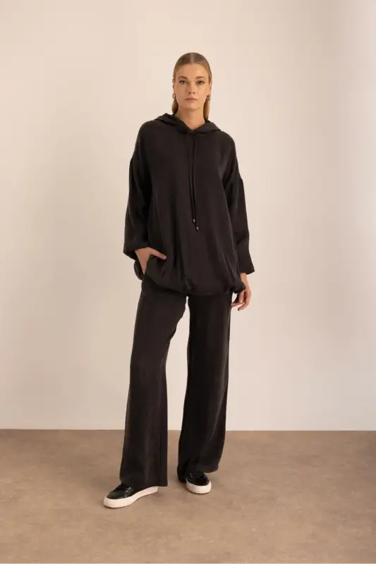 Black Woven Belt Elastic Trousers - 1