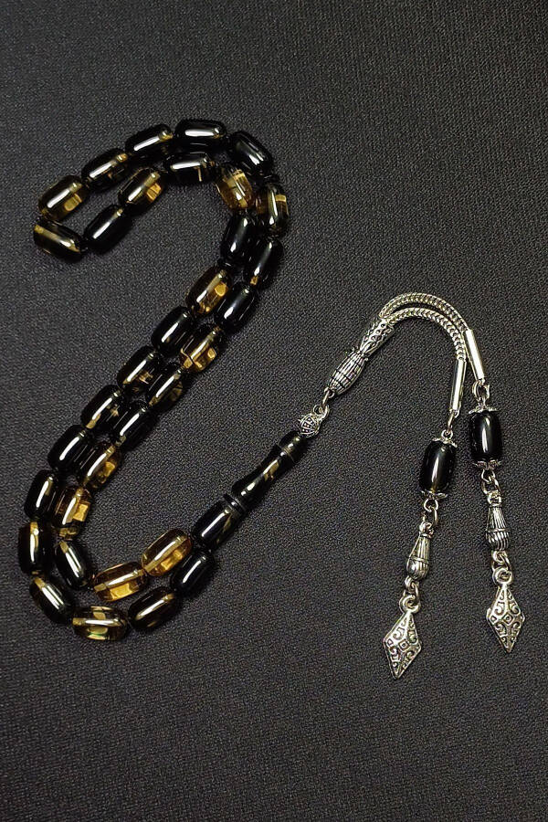 Black Yellow Veined Amber Tasbih Silver Plated Tassel - 1