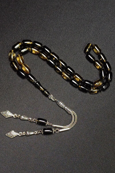 Black Yellow Veined Amber Tasbih Silver Plated Tassel - 2