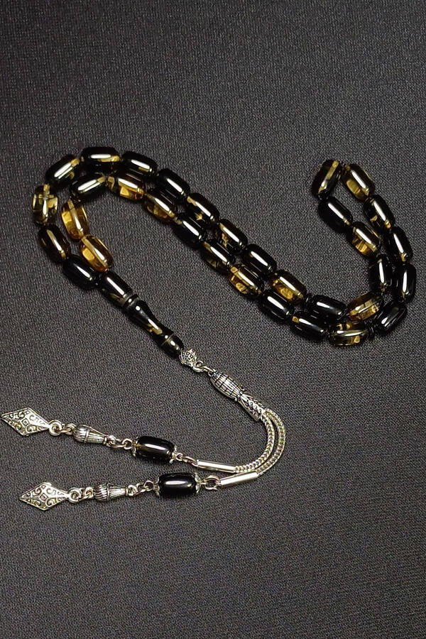 Black Yellow Veined Amber Tasbih Silver Plated Tassel - 2