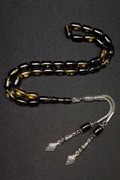 Black Yellow Veined Amber Tasbih Silver Plated Tassel - 3