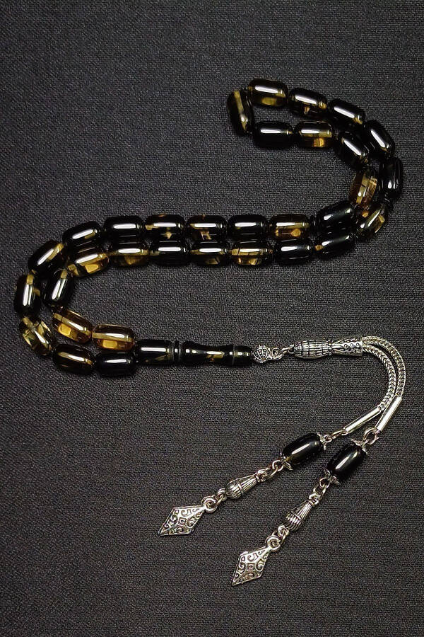 Black Yellow Veined Amber Tasbih Silver Plated Tassel - 3