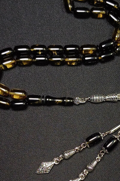 Black Yellow Veined Amber Tasbih Silver Plated Tassel - 4