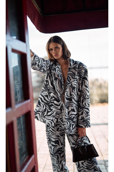 Black Zebra Print Oversized Blazer Jacket - 1