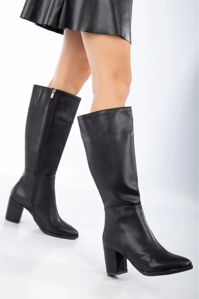 Black zipper knee-high heeled boots. - 6